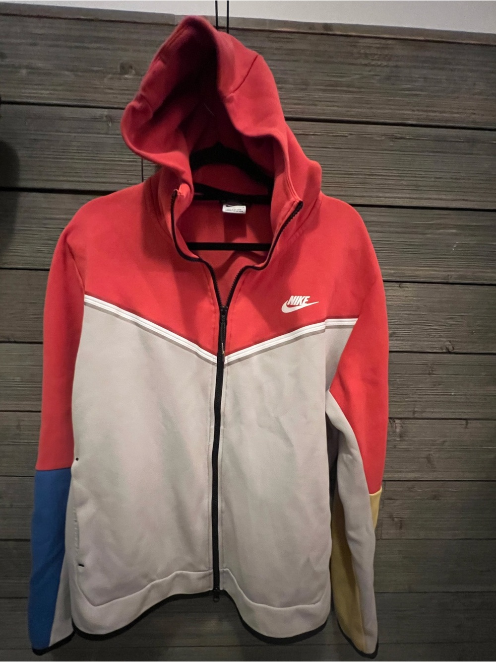 Nike Tech Fleece Colorblock Full-Zip Hoodie Lobster Red, Grey & White